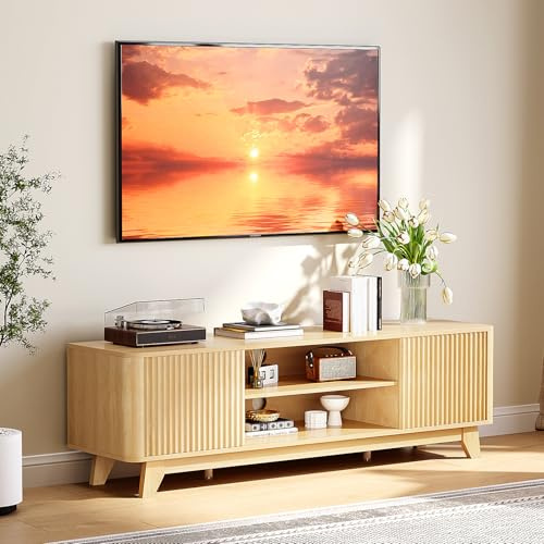 Bonnlo TV Stand Cabinet, TV Units for Living Room - 149cm Wooden TV Stand with Grille Doors & Adjustable Shelf, Oak Finish Media Console for TVs up to 70 inch