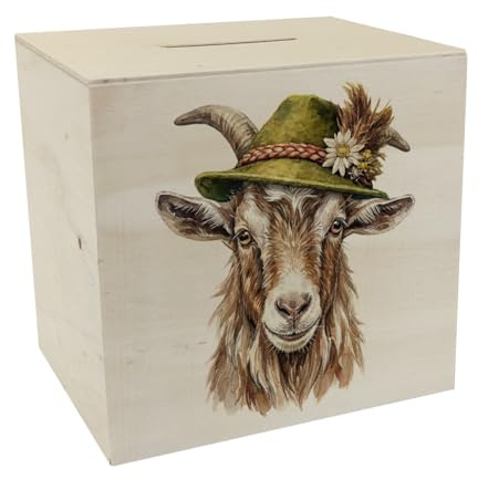 speecheese Spardose aus Holz Ziege mit alpenländischem Trachtenhut