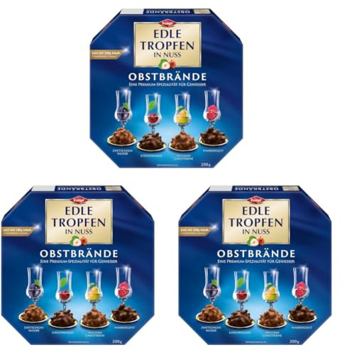 Edle Tropfen in Nuss Obstbrände 200g, flüssig gefüllte Schokoladenpralinen (Packung mit 3)