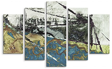5 teiliges Wandbild auf Leinwand (Gesamt: H: 100cm B: 160cm) Keilrahmenbild Canvas Fotodruck Leinwandbild Leinwanddruck Kunstdruck Wandbild blau grün schwarz gemalt