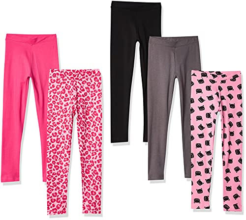 Amazon Essentials Legging Fille, Lot de 5, Chat/Gris Foncé/Impriméanimaux/Noir/Rose, 10 Ans