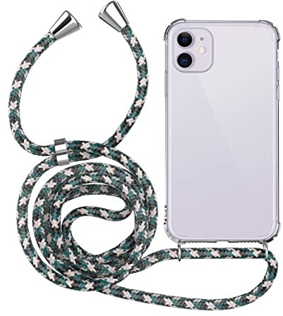 MyGadget Funda para iPhone 11 - Carcasa con Cuerda en Silicona TPU Suave con Cordón - Case y Correa Adjustable - Negro Camuflaje