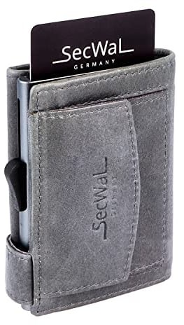 SecWal Kartenetui mit Münzfach Druckknopf inkl. Geschenkbox - Made in Germany - Echtleder Mini Geldbörse inkl. E-Book für Damen und Herren - RFID Schutz Geldbeutel klein (Vintage Grau)