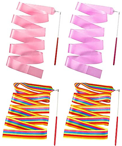 Rayong 4 Stück Tanzbänder Streamer 2 Meter Tanzband mit Stab Turnband Regenbogen Gymnastikband Schwungband mit Stab für Kinder Kunsttänze, Baton Twirling