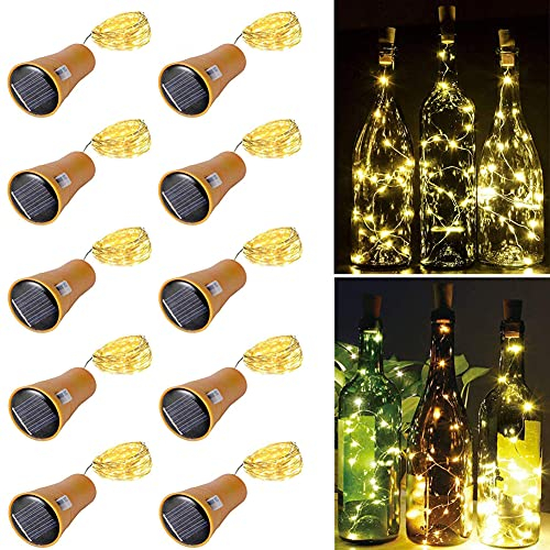 Toifucos Solar Wine Bottle Lights, 10 Pack 20LEDs 2M Copper Cork Shaped Lights Solar Fairy Lights Mini Fairy String Lights for Indoor Outdoor DIY, Party, Wedding, Christmas Decor (Warm White)