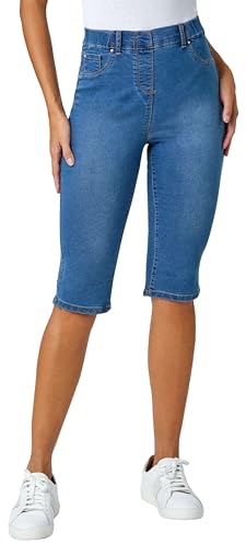 Roman Originals Knee Length Jeggings for Women Ladies Stretch Denim Shorts Jeans Cropped Trouser Capri Pants Summer Cotton Legging Pedal Pusher Legged Crop Spring Cutoff Work - Denim - Size 18