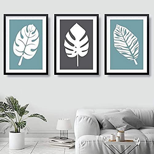 Artze Wall Art Art Prints Tropische Monstera-Blätter, 3-teiliges Set, A3-Format, Blau/Grau/Weiß