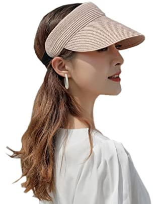 Sombrero con Visera para Mujer Sombreros de Paja de Playa ala Ancha Protección Solar UV Visera Ajustable Sombrero Enrollable UPF50 + Gorro de Cola de Caballo para Mujer Rosa