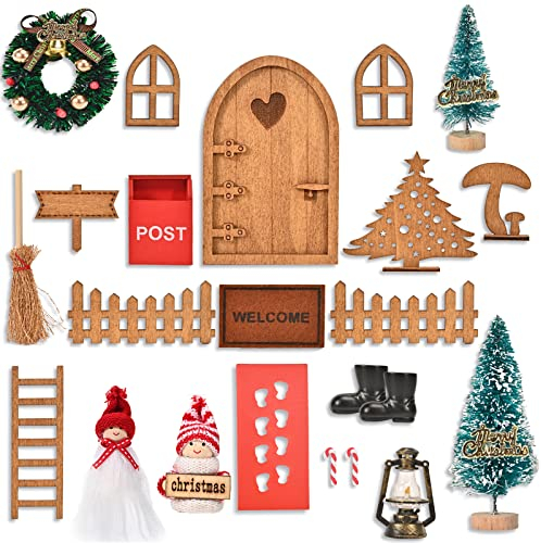 Wichteltür Zubehör Weihnachten Set, Weihnachtswichtel Tür Set Weihnachtsdeko Elfentür, Holz Wichtel Tür mit Miniatur Briefkästen, Zäun, Leiter, Stiefel, Kranz, Feentür Set für Kinder Geschenke
