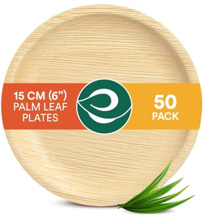 ECO SOUL 50 Disposable Palm Leaf Plates 6”(15cm) Round Small Bamboo Plate I Eco Friendly, Biodegradable, Compostable Heavy-Duty Plate, Wooden Plates for Party & Events I Microwave & Oven Safe
