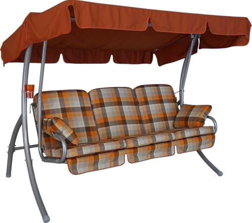 Angerer Hollywoodschaukel Comfort – Schaukel zum Sitzen, Liegen & Entspannen, inkl. Bett-Funktion, einfache Montage, Made in Germany, hochwertiger Stoff, Terra-Braun kariert