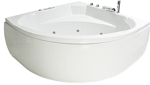 Basera® PREMIUM Indoor Eck-Whirlpool Badewanne Korfu 155 x 155 cm mit 25 Massagedüsen, Heizung, Ozongenerator, Wasserfall, LED-Ambiente, Touchpanel, Bluetooth, Radio