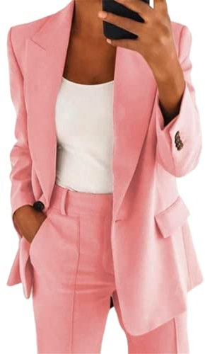 shownicer Tailleur Femme 2 Pièces Elegant Couleur Unie Slim Fit Blazer Veste Formel Bureau Travail Pantalon Costumes Revers Manteau Ensemble A Rose L
