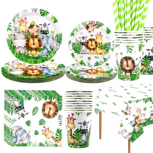 LSJDEER, Safari Jungle Anniversaire Vaisselle Ensemble - Wild One 1er Anniversaire Décorations - Assiettes de dîner Assiettes de desserts Tasses Nappe Pailles pour fête motif animal, Services 20