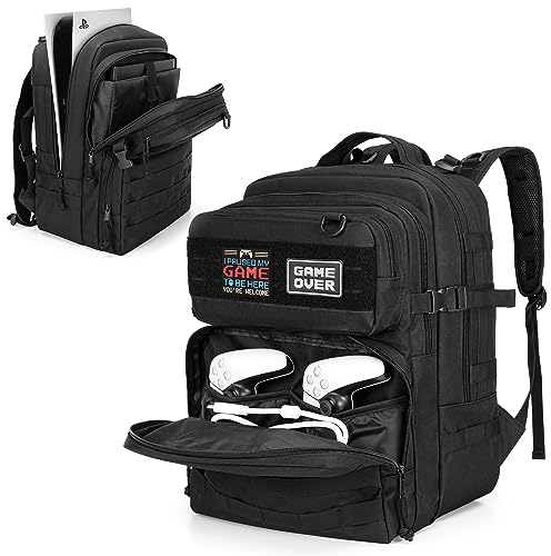 PGmoon Tactical Game Rucksack Kompatibel mit PS5/PS5 Slim/PS4 Konsole, Travel Carrying Case Aufbewahrungstasche für 15.6 Laptop, tragbaren Monitor, Controller, Headset und Spiel Zubehör