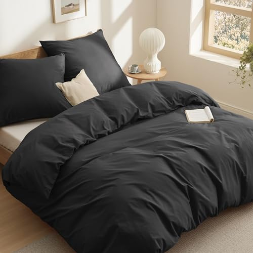 BEDSURE Bettwäsche 200x200 Baumwolle Schwarz - Bettwäsche-Sets 200 x 200 cm Bettbezug 3teilig mit 2 Kissenbezüge 80x80 cm, Oeko-TEX Bedding Schwarz mit Reißverschluss