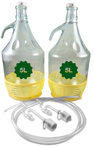 Glass Demijohn Set with Swing Cap & Protective Basket - 2 x 5L Natural Carboys for Wine & Mead Making with Airlock, Bung - Complete Demijohns Wine Making Kit, Including Syphon Tube. Set by MYPURECORE