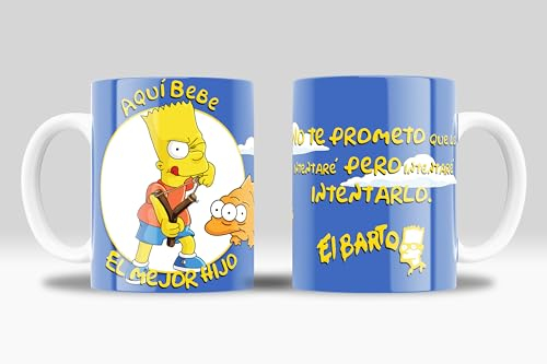 Taza Aqui bebe el mejor hijo - Regalo original divertido para hijo - Taza de Bart Simpsons para niños y niñas | Cerámica 355ml