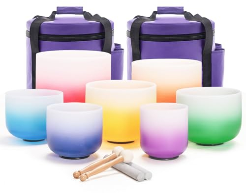 KVKA Crystal Singing Bowl Set Of 6-12 Inch Gradient Design Color Frosted Quartz Sound Healing Bowls with Travel Carrying Case Bag