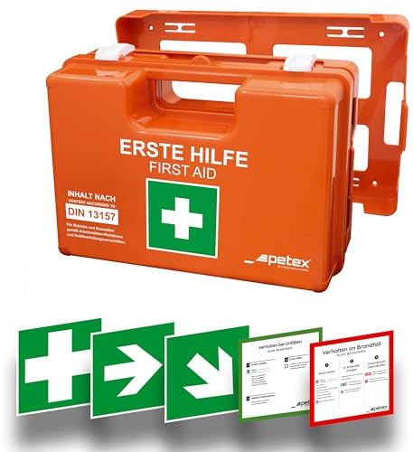 PETEX Betriebsverbandkasten Profi mit Inhalt nach neuer DIN 13157 inkl. praktischer Wandhalterung, 5x Aufkleber, Erste-Hilfe-Koffer, Verbandkasten in orange für Betrieb, Büro, Baustellen