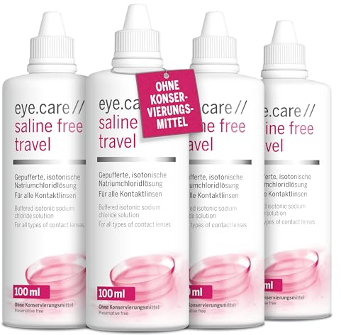 Eye.care ph-neutrale Kochsalzlösung für Kontaktlinsen – ohne Konservierung – 4er Travel-Pack isotonische Saline Free Solution für harte und weiche Kontaktlinsen bei empfindlichen Augen 400 ml (400)