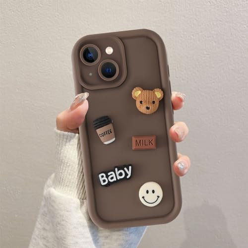 Coalbooliy Custodia per iPhone 15 Plus 6,7'', Cellulare Marrone Silicone Morbido Cover per telefono Aesthetic Modello Orsetto di peluche 3D Disegni Protezione Fotocamera Antiurto Case, 01