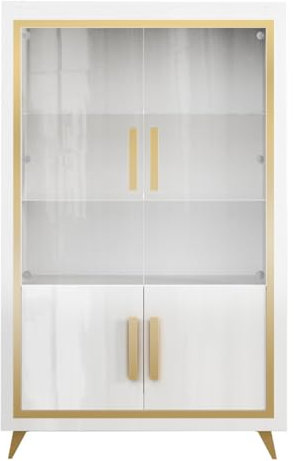 AltoBuy Jemma - Vitrine 2 Portes Laquée Blanc et Décor Doré avec LEDs