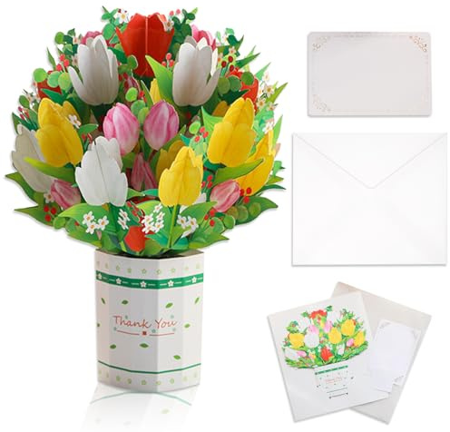 DERJDISF Tulpen Papier Pop-up Karten, Grußkarten - A Touch of Art, Geschenke für Lehrer Forever Blumenstrauß - Ideal für Geburtstage, Genesungswünsche, Lehrergeschenke, Jubiläen, Muttertag