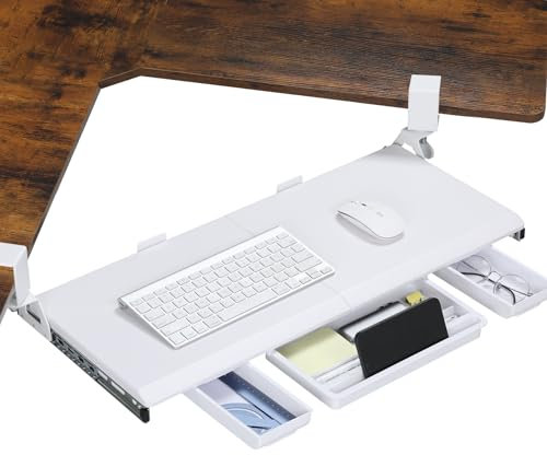 ETHU Tastaturablage unter dem Schreibtisch 680 x 300 mm, usziehbare Tastaturablage mit 180° Verstellbarer C-Klemme für L-förmigen Schreibtisch, Computer-Tastaturständer für Zuhause und Büro,Weiß