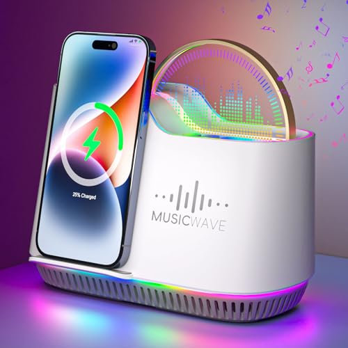 Enceinte Bluetooth Lumineuse avec Chargeur Sans Fil & Support Téléphone, Lampe Tactile LED Rechargeable avec 8 Lumières Solides & 5 Modes de Lumière, Haut-parleur Bluetooth Veilleuse Cadeau Ado Fille