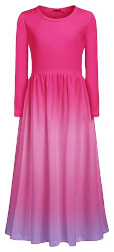 Arshiner Filles Longue Robe Enfants Maxi Robe Manches Longues Coton Robe Formelle Rose Rouge Automne Hiver Robes avec Poches 150/12-13 Ans
