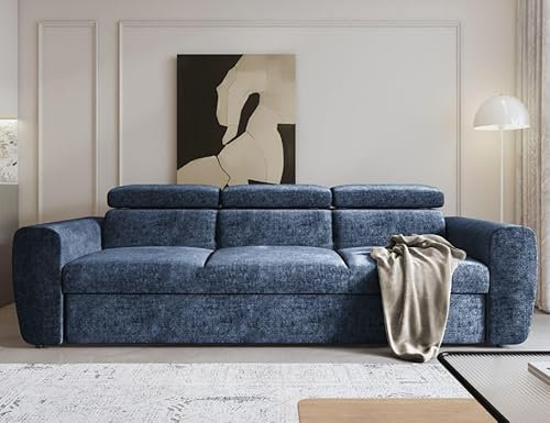 MODERNO Sofa mit Schlaffunktion Napoli - Schlafcouch mit Bewegliche Kopfstützen 3 Sitzer Wohnzimmer - Schlafsofa 3 Sitzer Wohnzimmer - 92x254x86 cm - Dunkelblau - Trenza 17