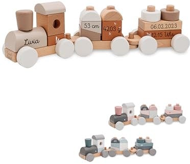 wunderwunsch Personalisierte Holz Eisenbahn Kinder - Geburtstagszug - Zug Baby Eisenbahn - Holzzug Personalisierte Geschenke Baby Spielzeug 1 Jahr Motorikspielzeug (beige, mit Name)