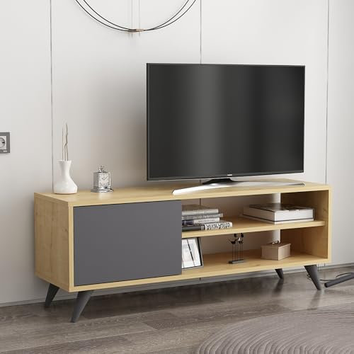 Hanah Home Stylish TV Unit, Oak & Anthracite, 120 cm x 35 cm x 48.1 cm | 100% Melamine Coated Particle Board, 18 mm Thick | Wall-Mountable with Multiple Shelves