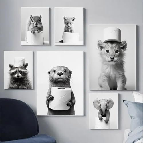 BeiYiHo Bilder Badezimmer Tiere Schwarz Weiß Poster Lustige Tiere Bild Toilette Tier Löwe 21x30 Wandbild WC Deko Kunstdruck Bad Leinwand Modern