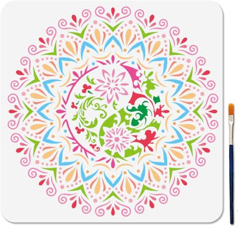 MAYJOYDIY Dala Yin Und Yang Kunstschablone Symmetrische Mandala Blumenschablone 30 × 30cm Wiederverwendbare Vintage Blumenvorlage Mit Pinsel Für Holz Wände Fenster Heimwerkerarbeiten Heimdekoration