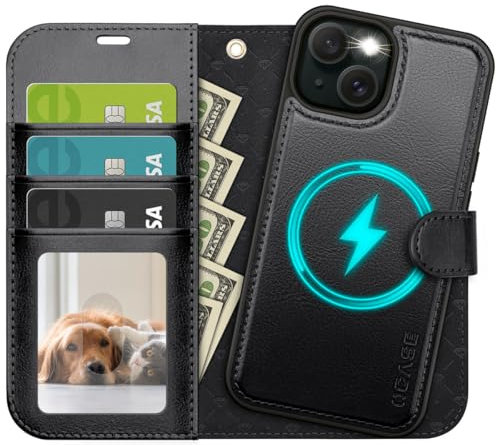 OCASE Kompatibel für iPhone 14 Hülle(2in1) Leder Stoßfestes Case, Abnehmbare magnetische, MitHandschlaufe, Kabelloses Laden, Kartenfach, Standfunktion, Handyhülle RFID Schutzhülle Schwarz