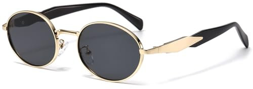 Long Keeper Vintage Ovale Sonnenbrille Metall Klein Retro Sonnenbrille Rund 90er Modisch Oval Brille UV400 Schutz Klassisch Sonnenbrillen für Damen Herren (Gold Schwarz Rahmen – Dunkelgrau Gläser)