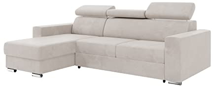 MEBLINI Schlafcouch mit Bettkasten - Ecksofa mit Schlaffunktion - Sofa mit Relaxfunktion und Kopfstützen - Couch L-Form - Eckcouch - Wohnlandschaft - Voss - 242x168x79cm Links - Beige Samt