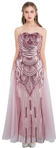 Angel-fashions Robe de banquet à paillettes sans bretelles décolleté cœur en maille à lacets pour femme, rose, 50