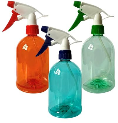 HR Hogar - Pack 3 Botellas de Spray Pulverizadoras de 500 mL - Fabricado en España - Botella Aerosol de Plástico PET Reciclable y Resistente, Atomizador con Boquilla Regulable en 3 Colores