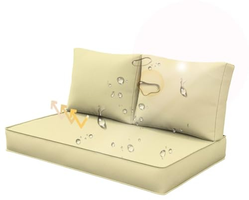 Palettenkissen Outdoor Wasserdicht 120x60cm, Palettenpolster Set - Paletten Kissen 120x60 + Palettensofa Rückenlehne 60x40, Auflagen für Paletten Europaletten Palettenmöbel Balkon Sitzkissen, Beige
