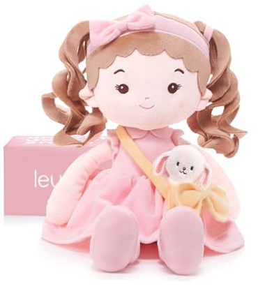 LeyaDoll Stoffpuppe mit Kuscheltier Hase 40 cm, Baby Spielzeug ab 1 Jahr | Rosa Geschenkbox inklusive, mit gesticktem Gesicht und extra weichem Stoff zum Kuscheln – einfach maschinenwaschbar.
