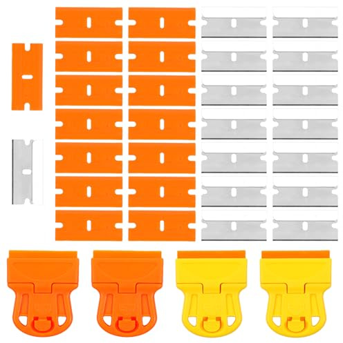 YBEATY 4 Pcs Razor Blade Scraper Windows Blade Scraping Tool Mini Adhesive Remover Tool with Extra 10 Plastic Metal Razor Blades for Surfaces Labels Stickers Paint Decals Taping on Glass
