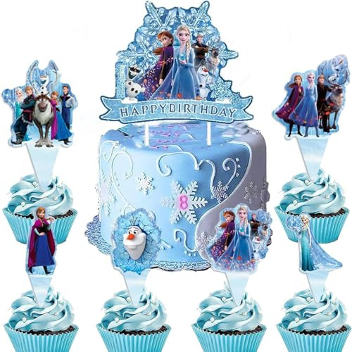 25 Pcs Anime Cake Toppers, Happy Birthday Party Decorations, Blue Cake Decorations, Cute Party Supplies for Girls
