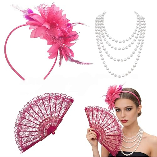 Zosutetoxo 1920er Damen Set, Flamingo Pink Haarreif mit Fächer & Perlenkette, Vintage Kostüm Zubehör für Karneval Gatsby Party