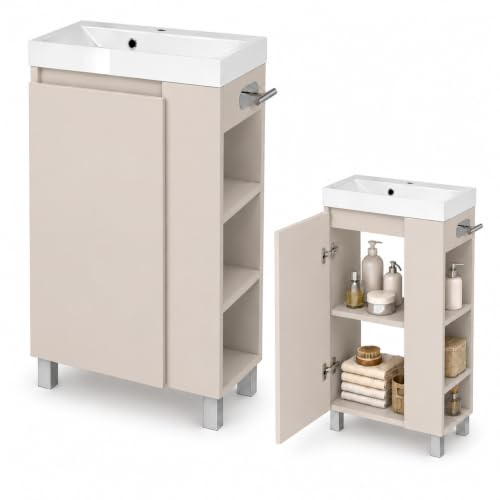 paplinskimoebel – Waschtisch SEVA mit Unterschrank, 46 cm breite, freistehend oder wandmontiert, Badmöbelset, Waschtisch mit Toilettenpapierhalter, rechts/Links, Farbe: Kaschmir Beige