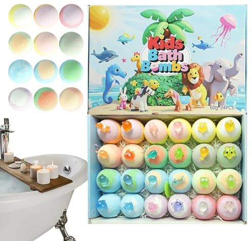 da bagno rilassanti, set da bagnoschiuma da 24 pezzi, 12,99x7,68x1,89 pollici Sali da bagno con giocattoli animali, per vasca idromassaggio con fragranza rilassante per bambini Ragazzi