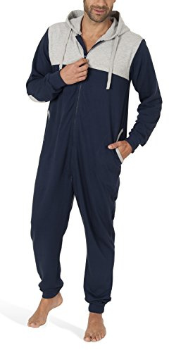 SLOUCHER - Herren Jumpsuit Onesie Overall Einteiler Hausanzug aus Baumwolle mit Reißverschluss und Kapuze, Farbe:Navy, Größe:S