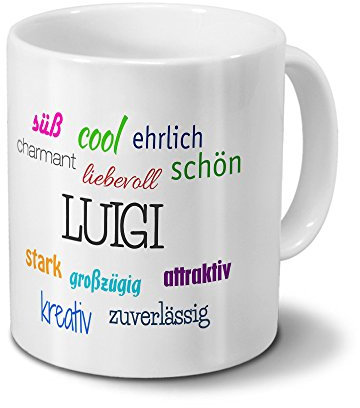 printplanet Tasse mit Namen Luigi - Motiv Positive Eigenschaften - Namenstasse, Kaffeebecher, Mug, Becher, Kaffeetasse - Farbe Weiß